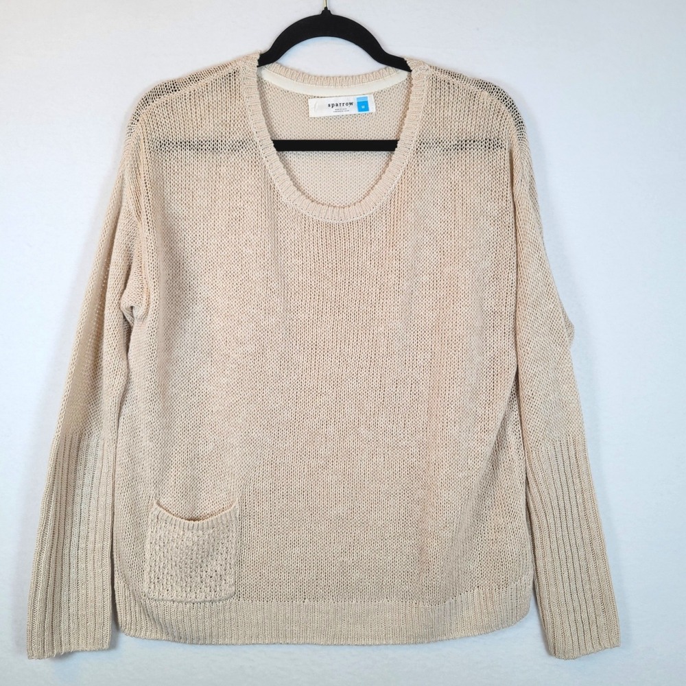 Sparrow Womens Linen Open Knit Pullover Sweater Size Medium Beige Beachy Boho